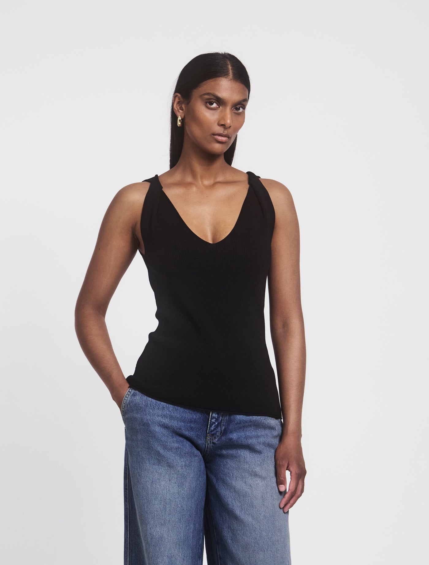 Syro Top in Black, full front view on model