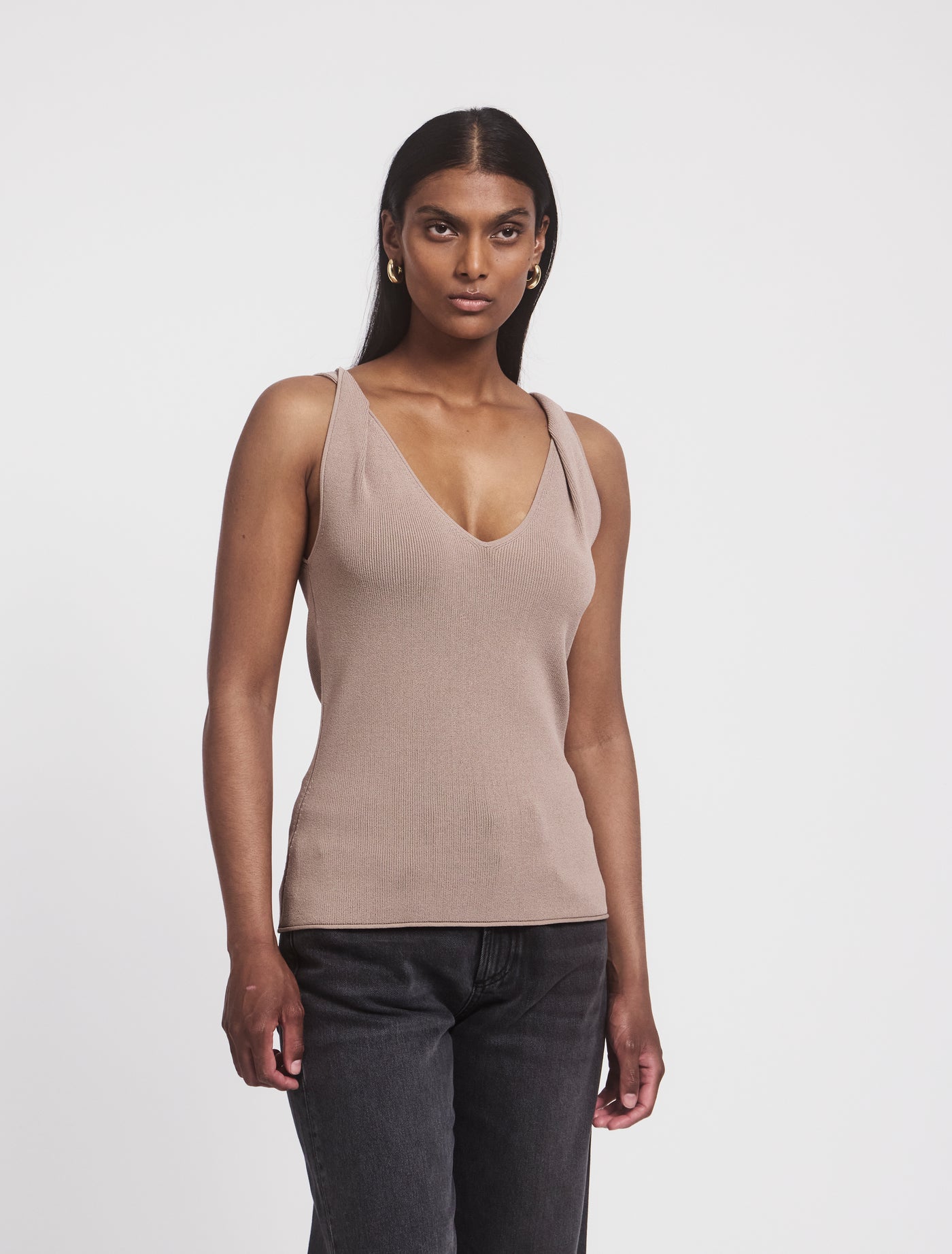 Syro Top in Taupe, full front view on model