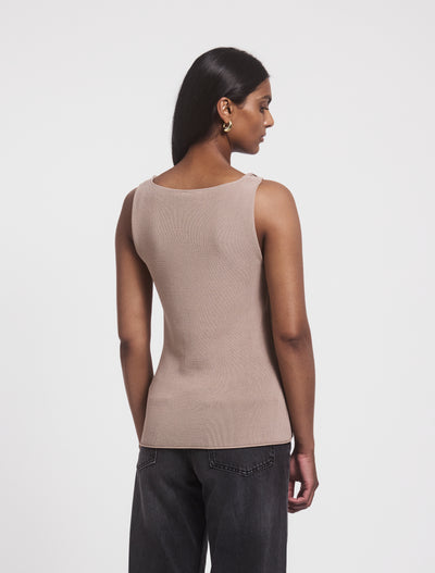 Syro Top in Taupe, back view on model