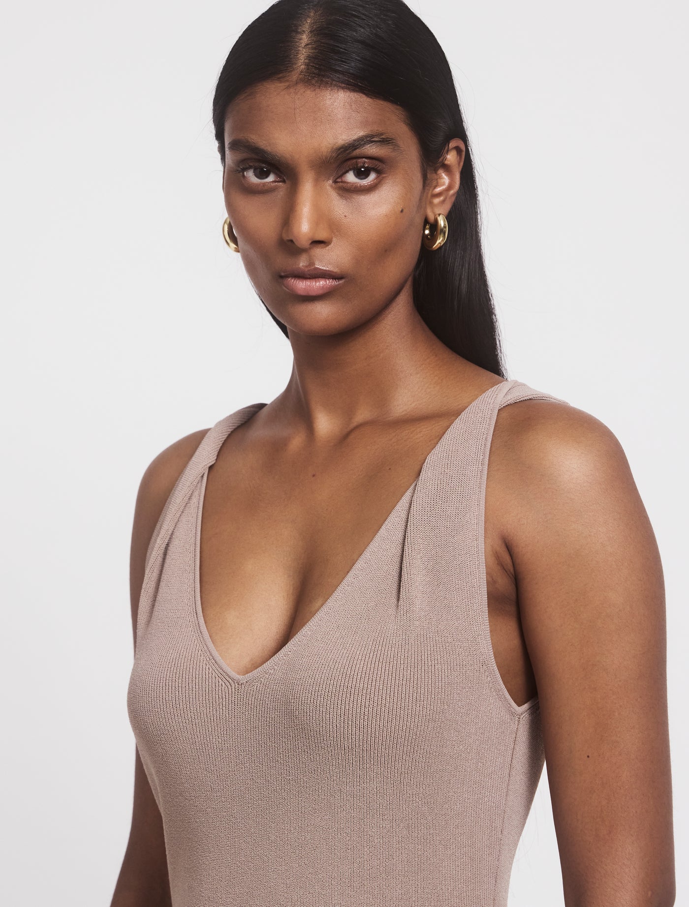 Syro Top in Taupe, front view on model