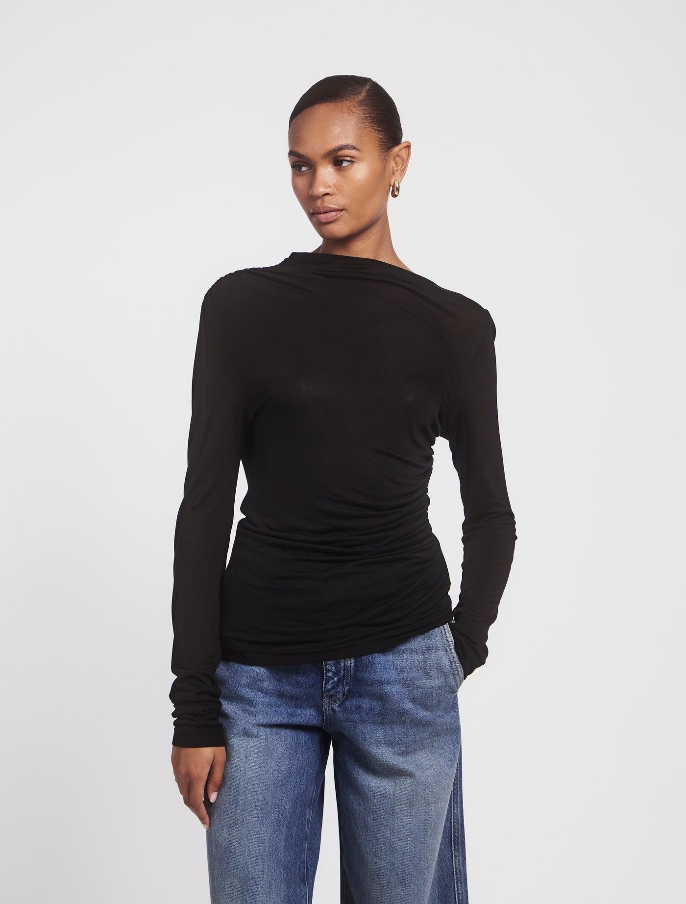 Iphis Draped Long Sleeve Top in Black