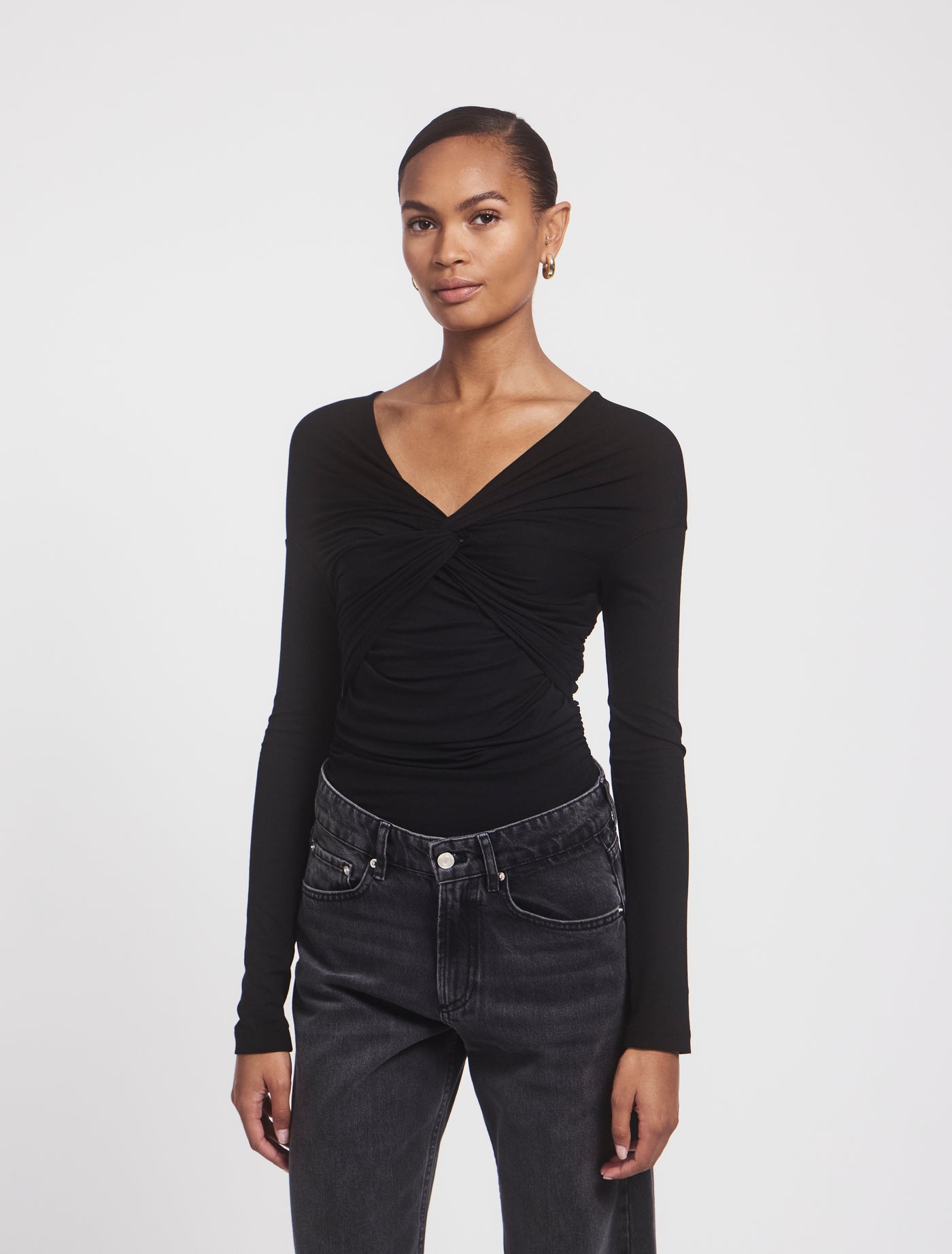 VESTA TOP in Black, front view on model