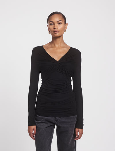 VESTA TOP in Black, straight front view on model