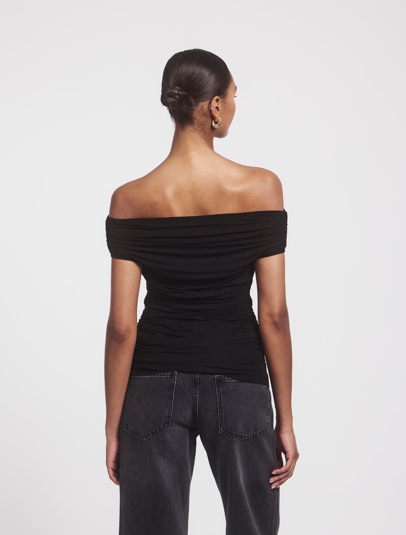 Back view of Noho Top in Black, ruched detailing