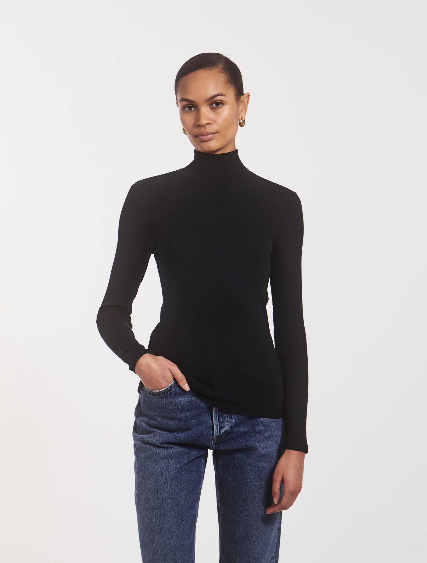 Suri Classic Rib High Neck Top in Black