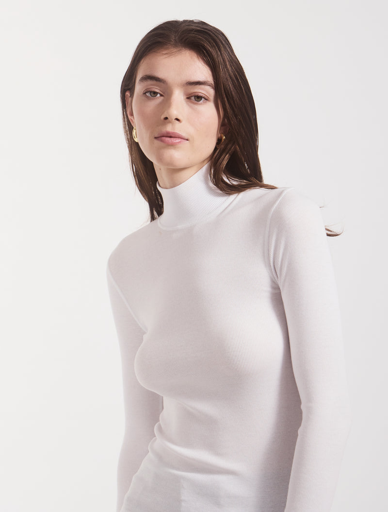 Classic Rib High Neck Top in White