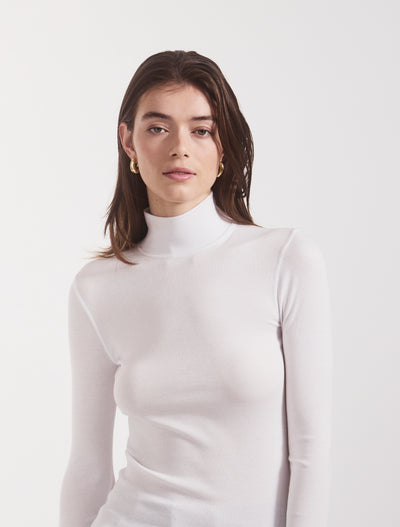 Suri Classic Rib High Neck Top in White