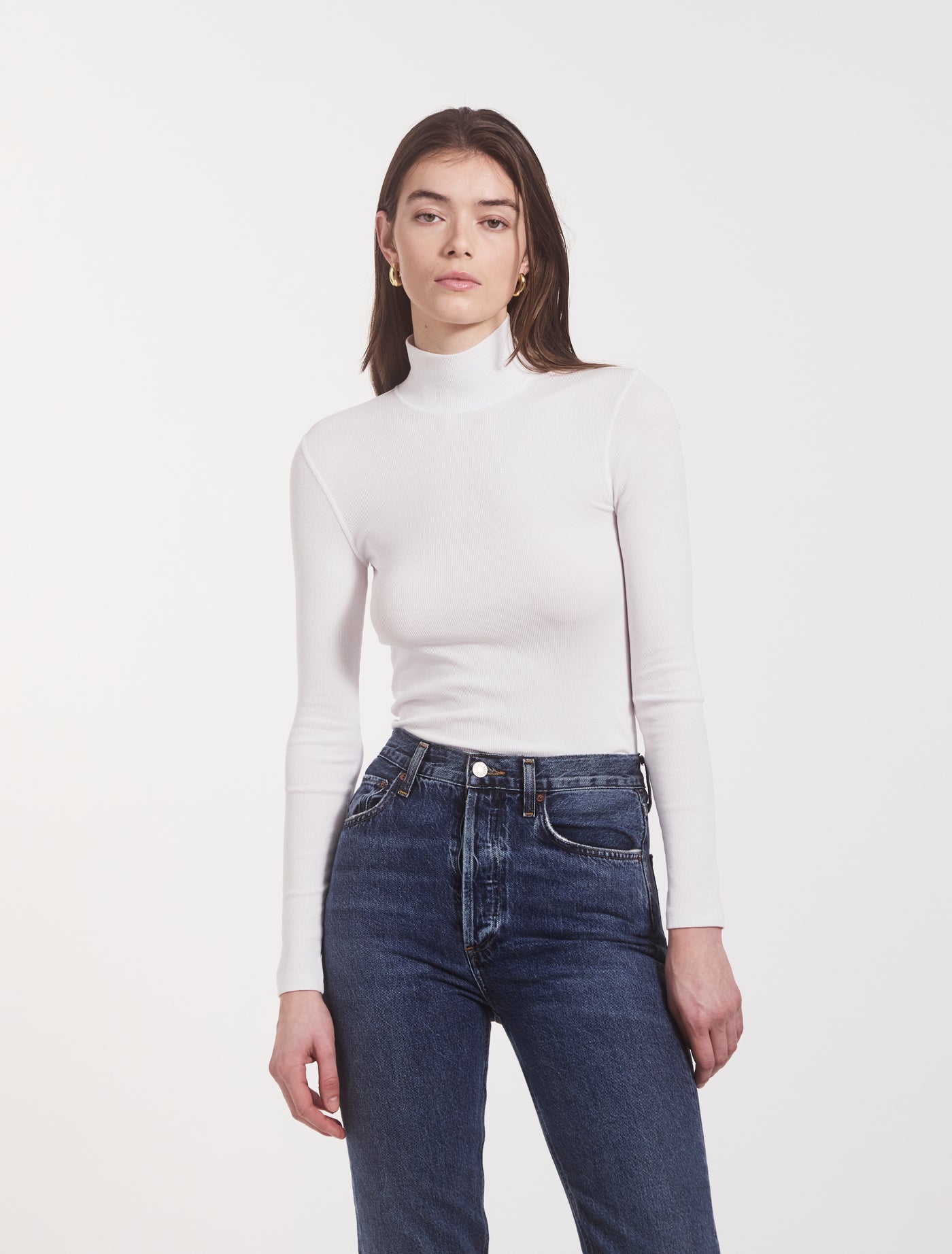 Suri Classic Rib High Neck Top in White