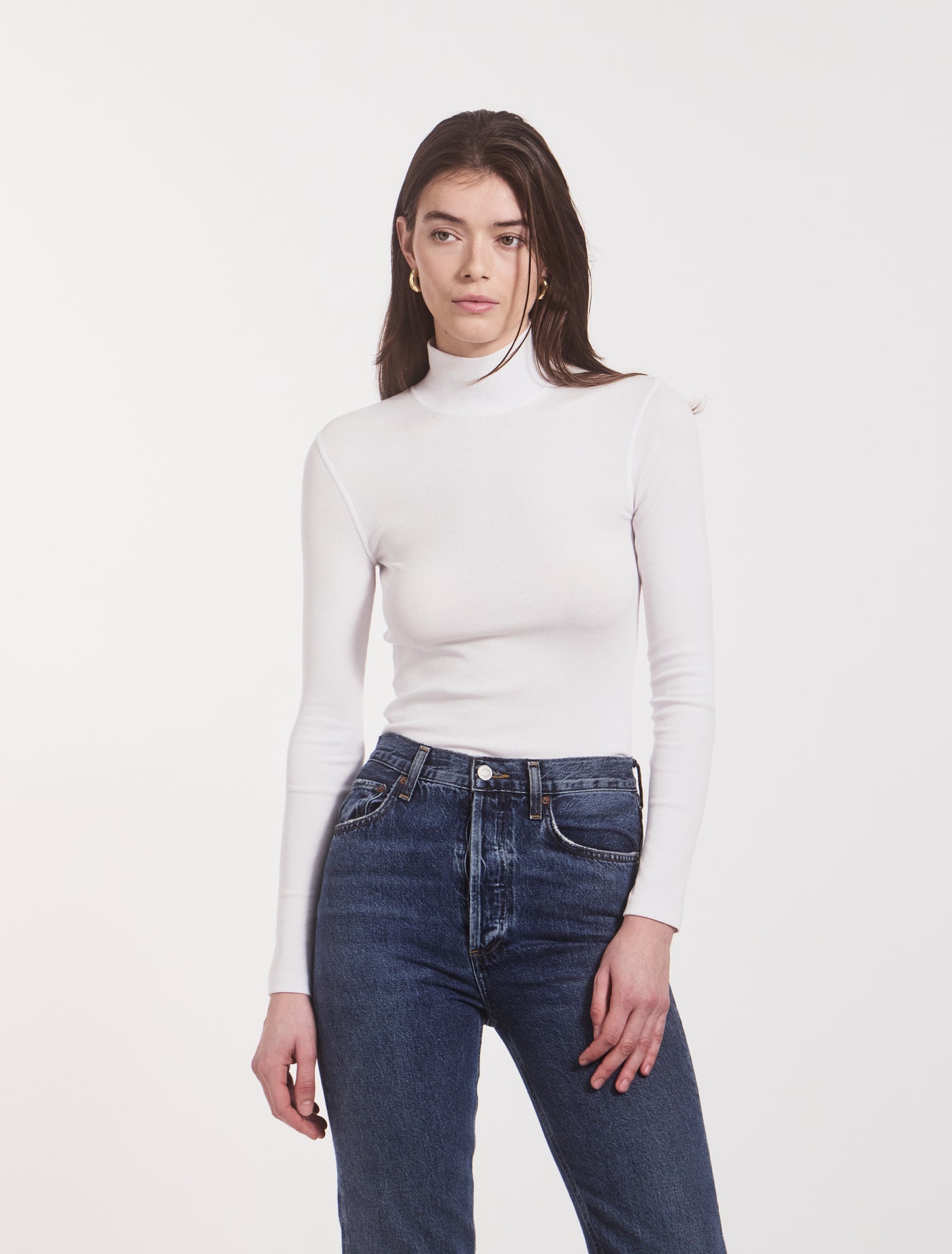 Suri Classic Rib High Neck Top in White