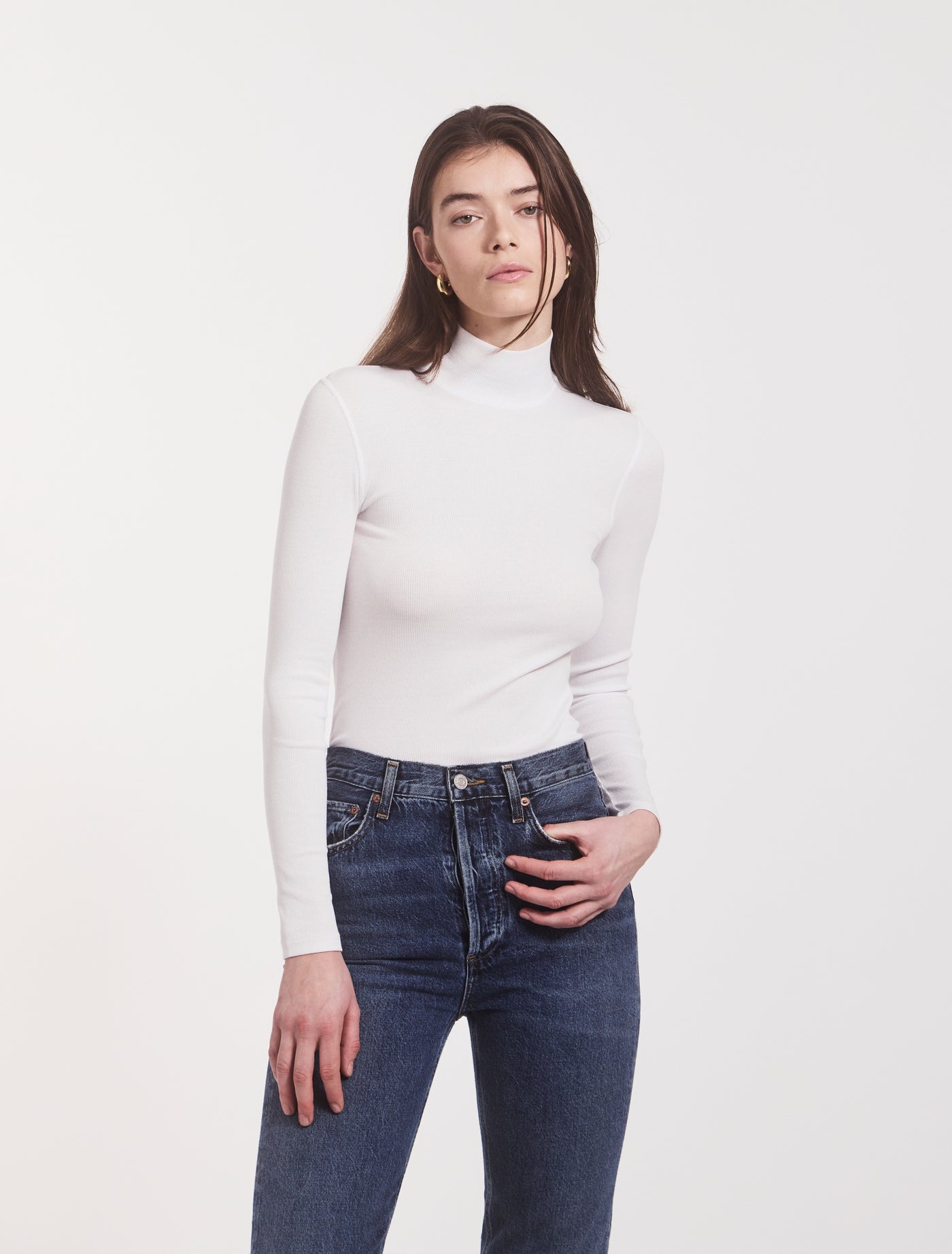 Suri Classic Rib High Neck Top in White