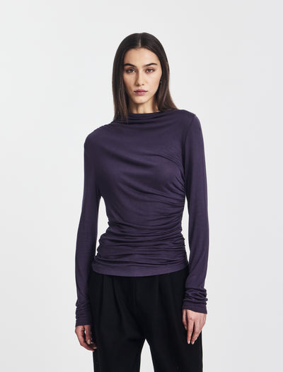 Iphis Draped Long Sleeve Top in Aubergine