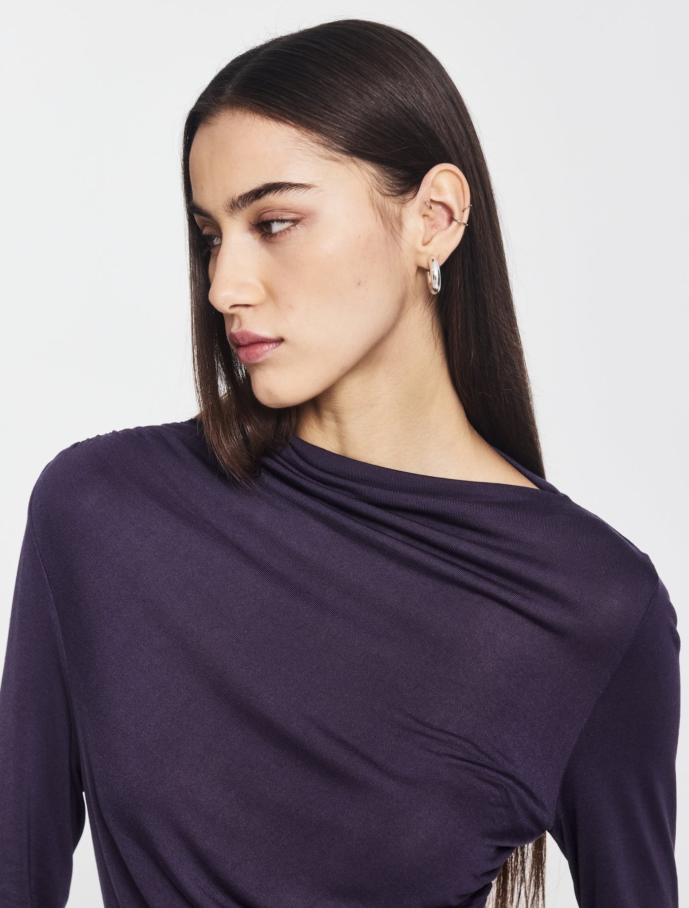 Iphis Draped Long Sleeve Top in Aubergine