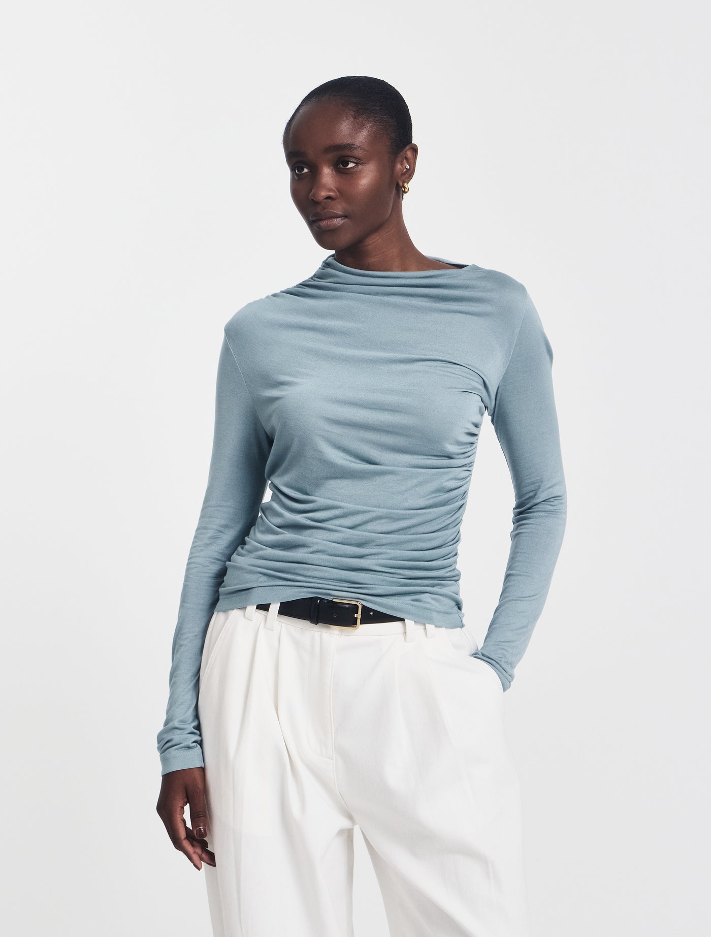 Iphis Draped Long Sleeve Top in Powder Blue