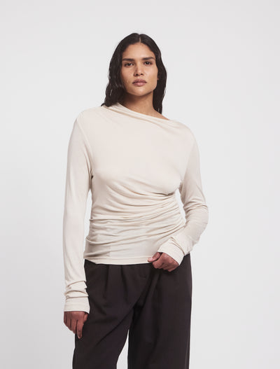 Iphis Draped Long Sleeve Top in Enoki Mushroom