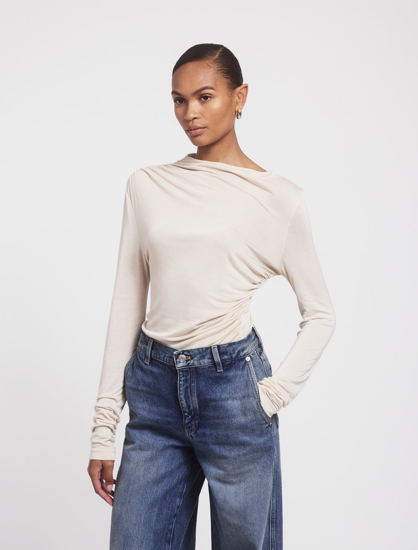 Iphis Draped Long Sleeve Top in Enoki Mushroom