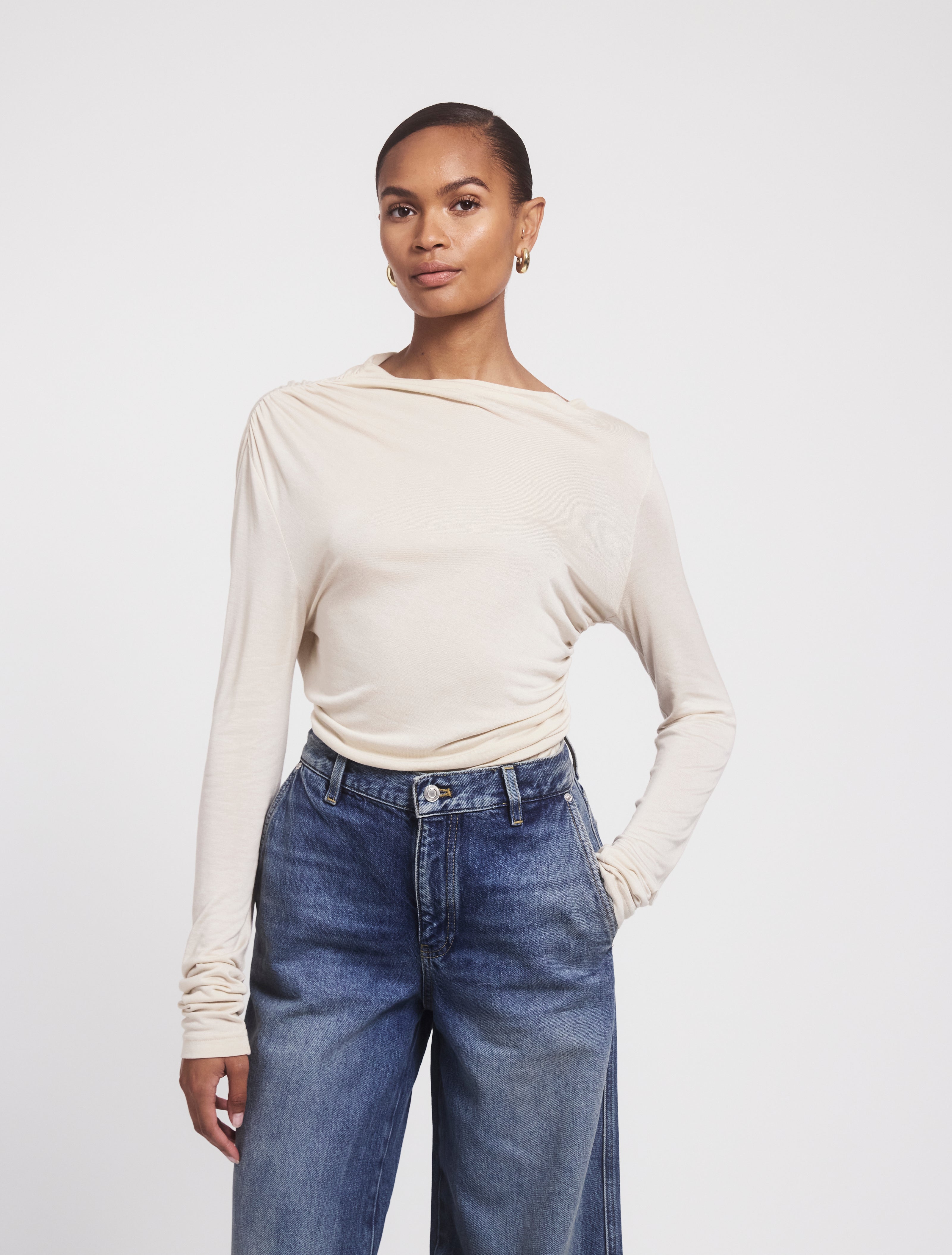 Iphis Draped Long Sleeve Top in Enoki Mushroom