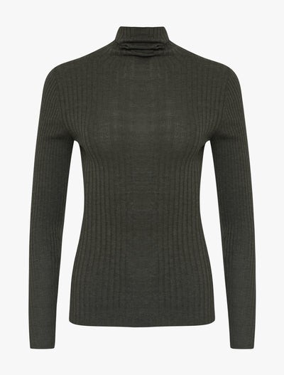 Selene Rib Funnel Neck in green marl, flat front view