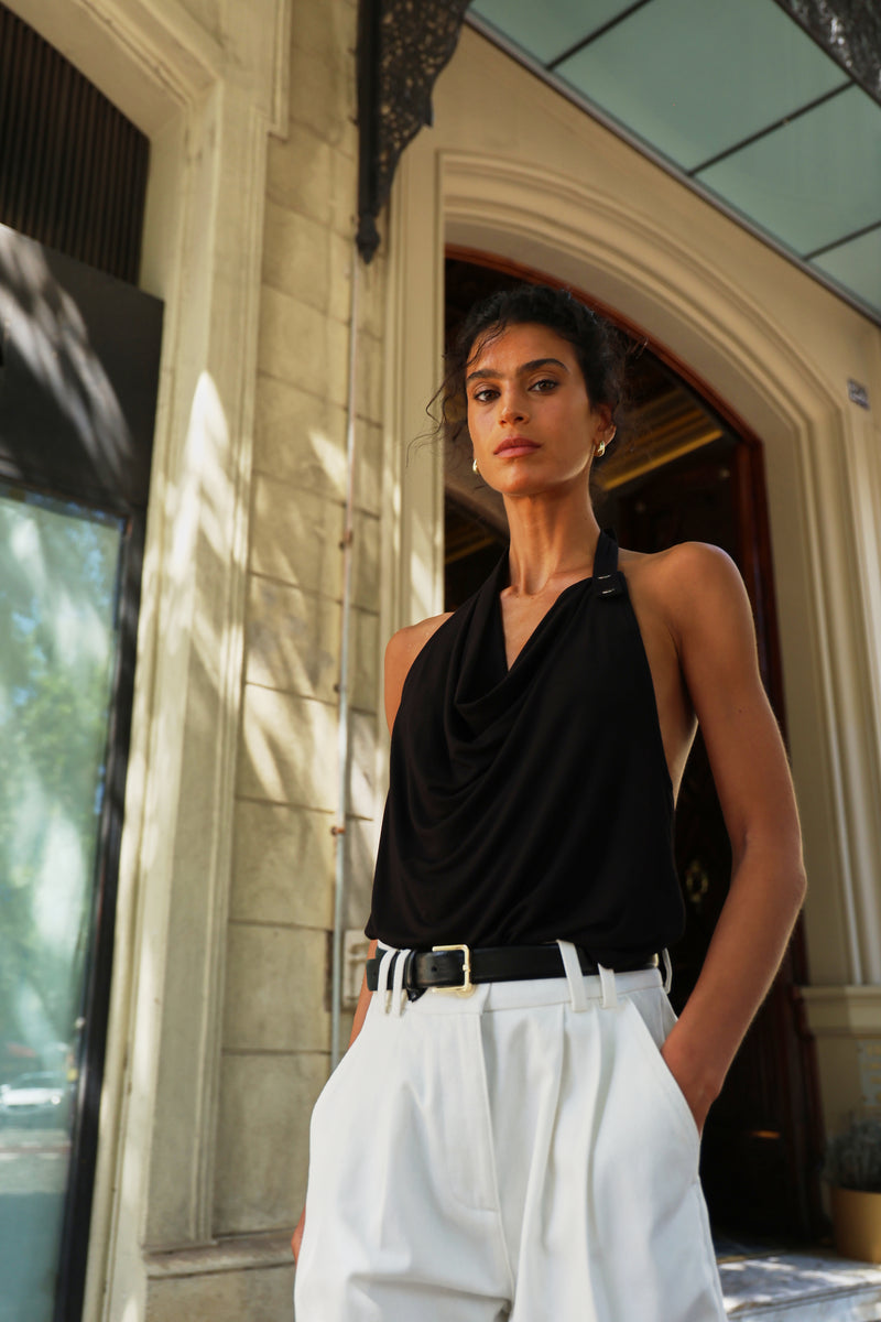 Sierra Drape Front Halter Top In Black