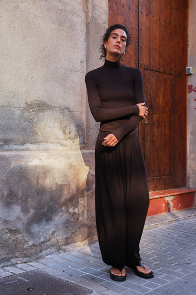 Classic Rib High Neck Top in Bitter Chocolate