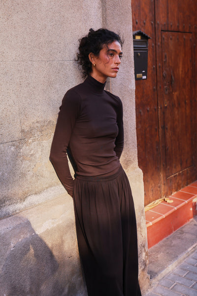 Classic Rib High Neck Top in Bitter Chocolate