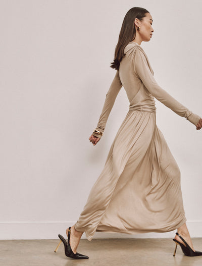 Romy Dress in taupe, side view, flowing skirt