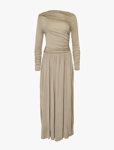 Romy Dress in taupe, product display, front view