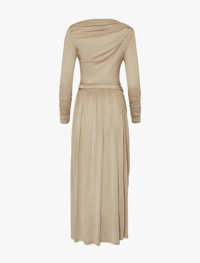 Romy Dress in taupe, product display, back view