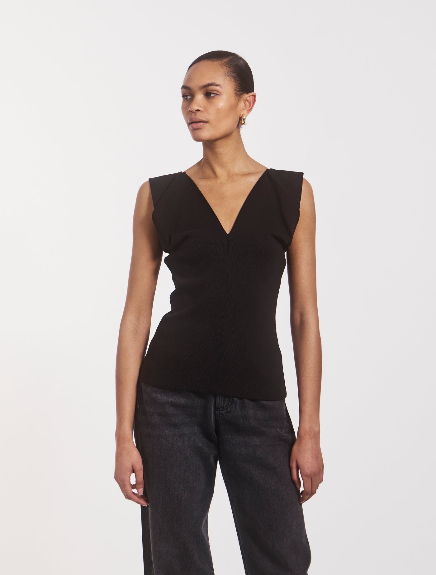 Elena Pleated Rib Top in Black