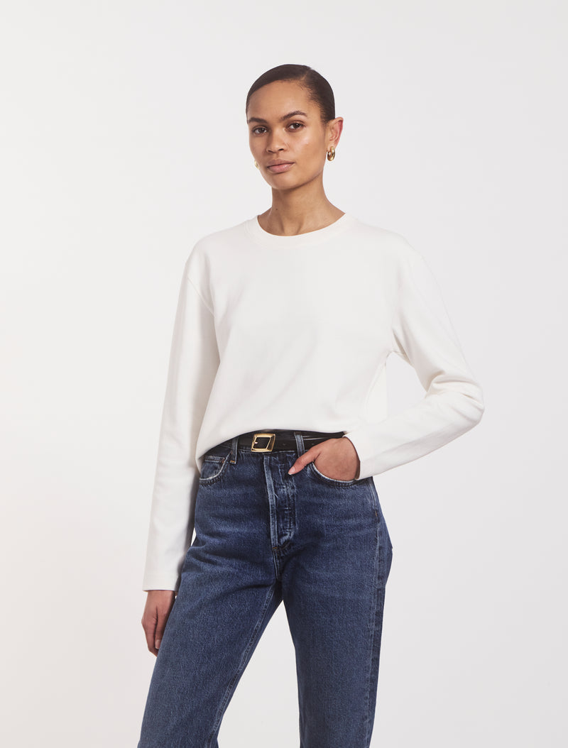 Compact Cotton Long Sleeve T-Shirt in Off White