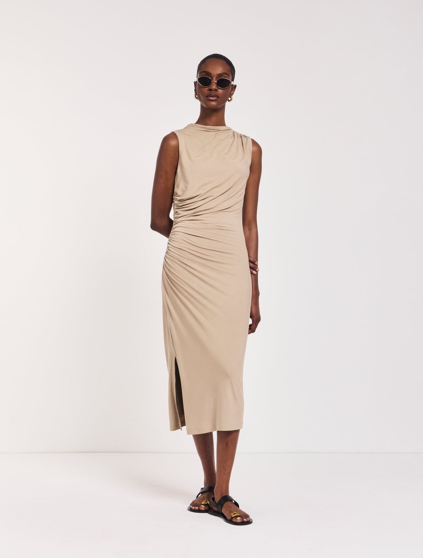 Draped Midi Dress in Taupe