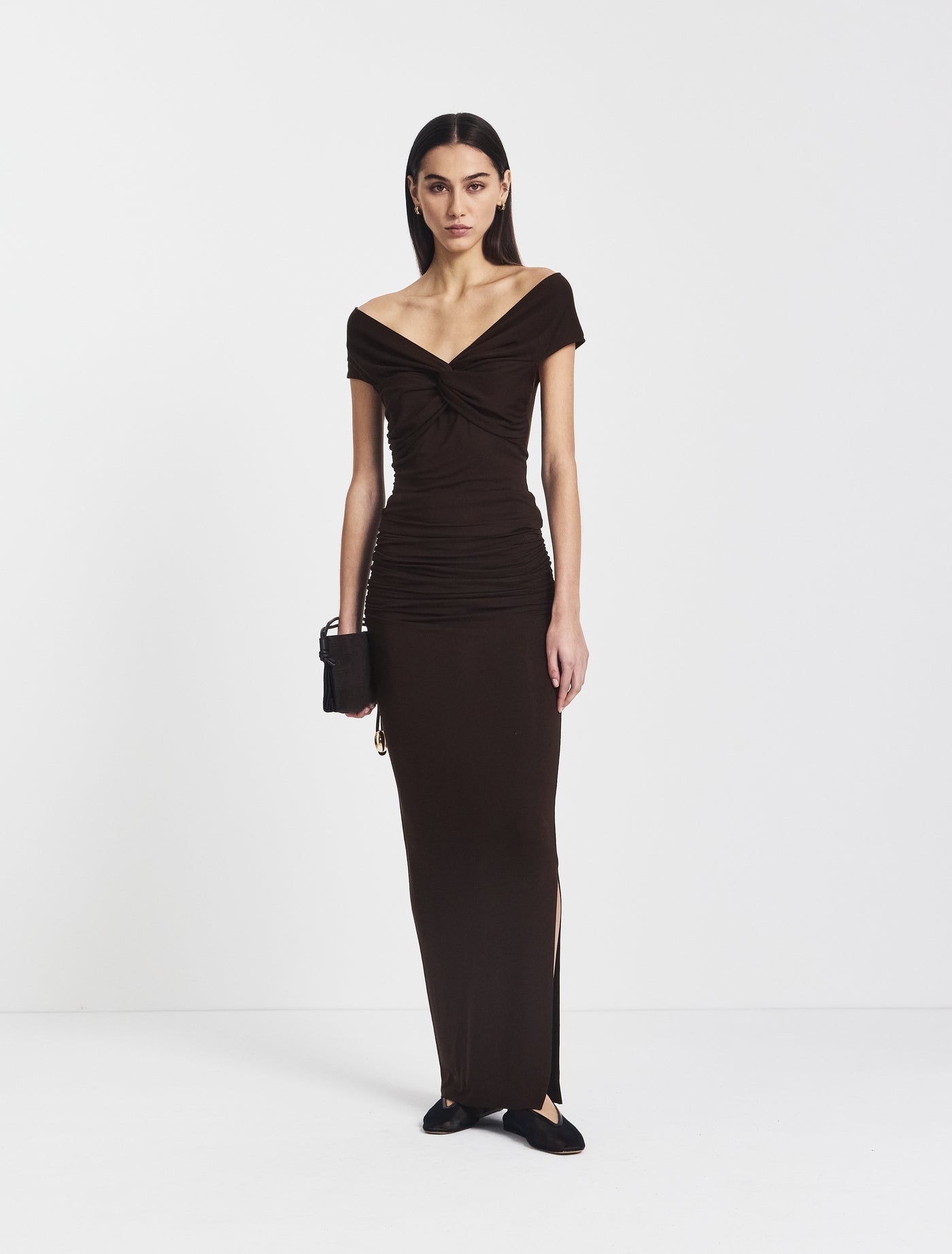 Leah Ruched Maxi Skirt in Bitter Chocolate