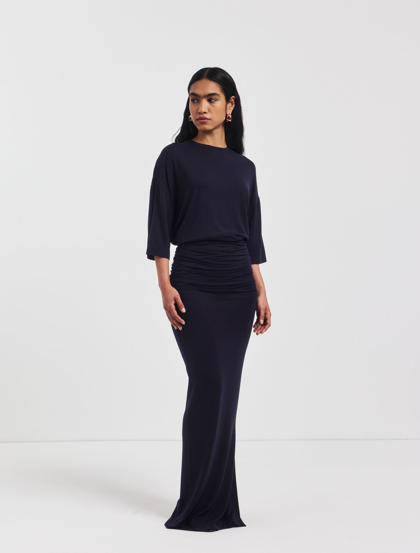 Leah Ruched Maxi Skirt in Darkest Navy