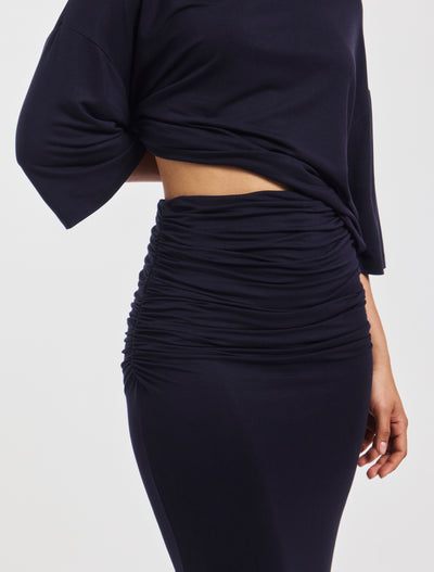 Leah Ruched Maxi Skirt in Darkest Navy
