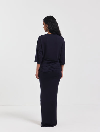 Leah Ruched Maxi Skirt in Darkest Navy