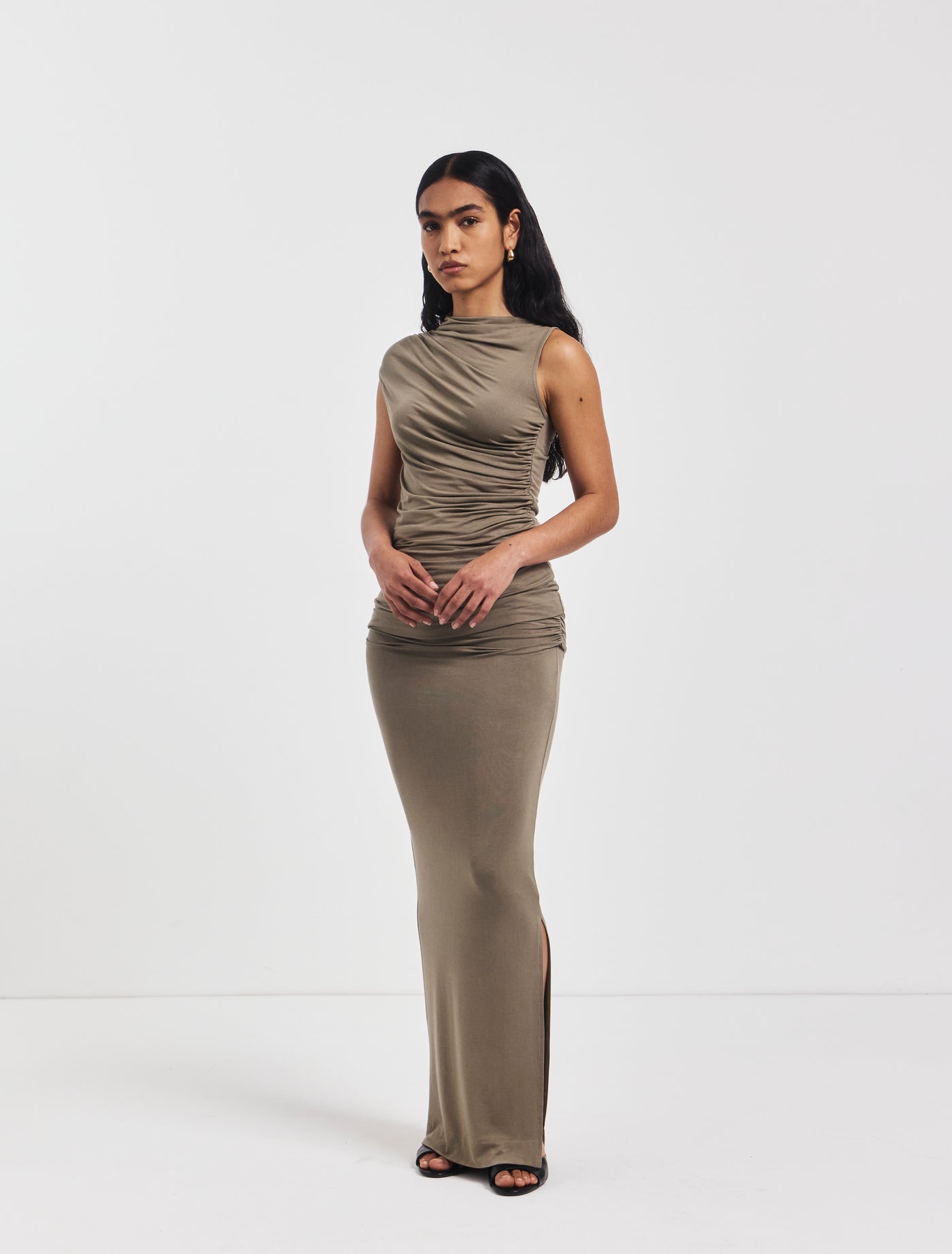 Leah Ruched Maxi Skirt in Sage