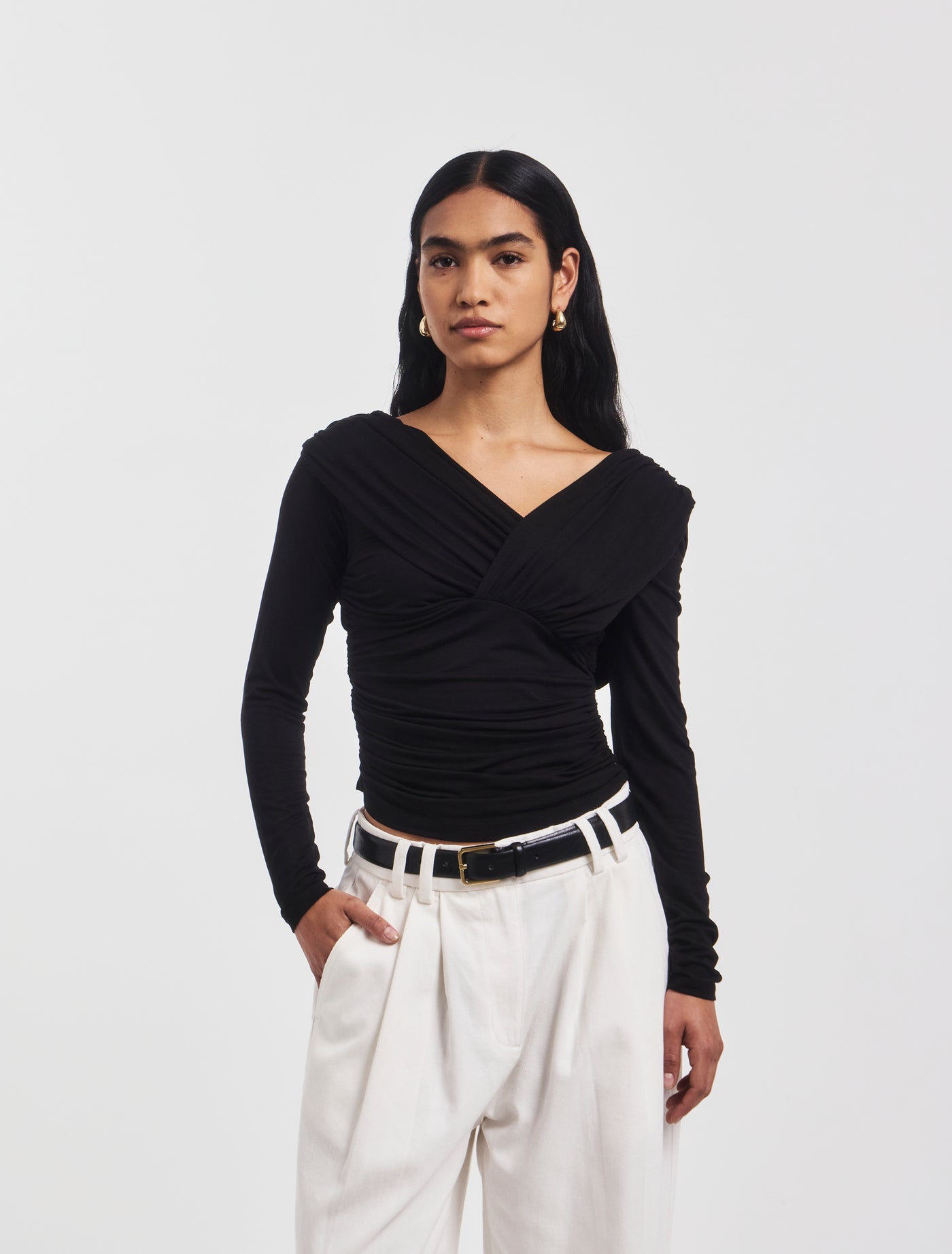 Corey Ruched Long Sleeve Top in Black