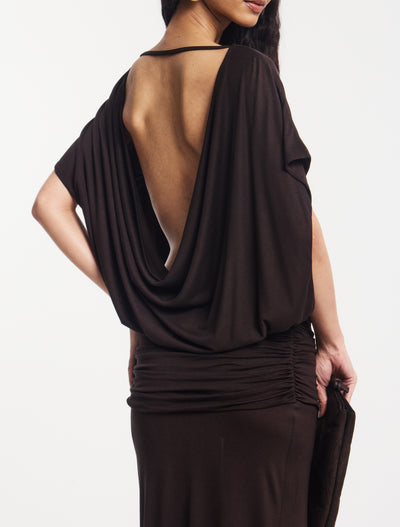 Ramona Blouson Maxi Dress With Full Hem in Bitter Chocolate