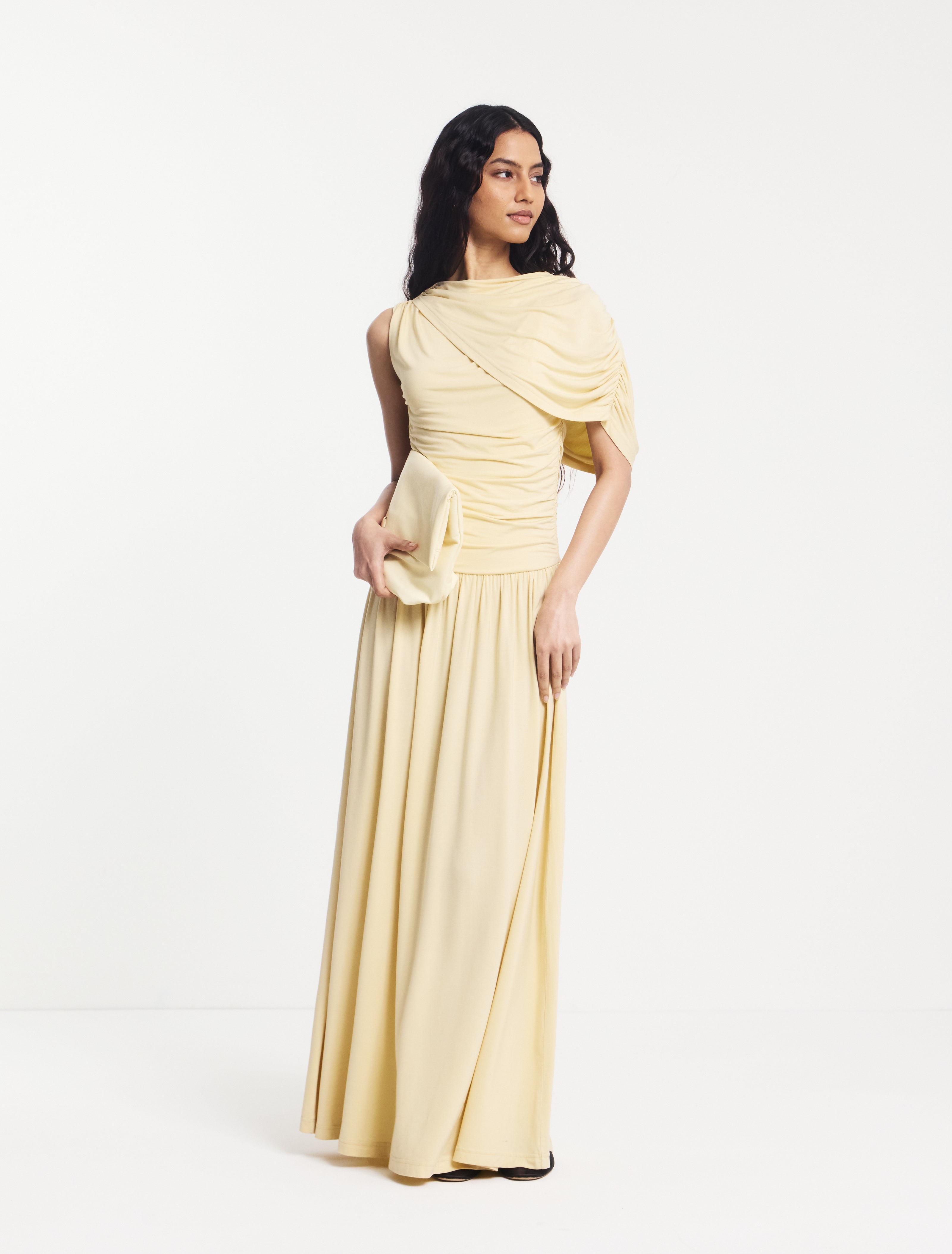 Mila Asym Caped Shoulder Maxi Dress in Butter Milk