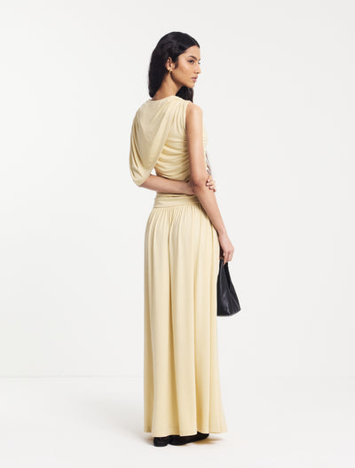 Mila Asymmetrical Caped Shoulder Maxi Dress in Butter Milk