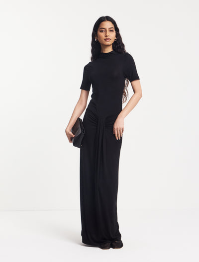 Nell Sarong Skirt Funnel Neck Dress in Black