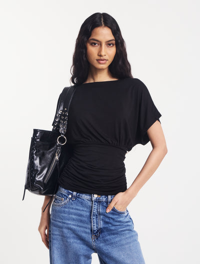 Amelie Slash Neck Gathered Side Top Black