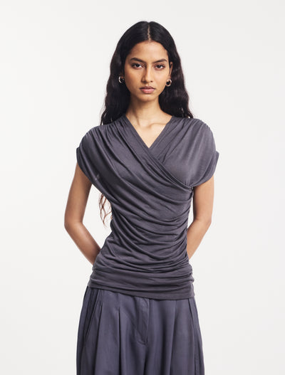 Indie Off Shoulder Wrap Top in Magnet