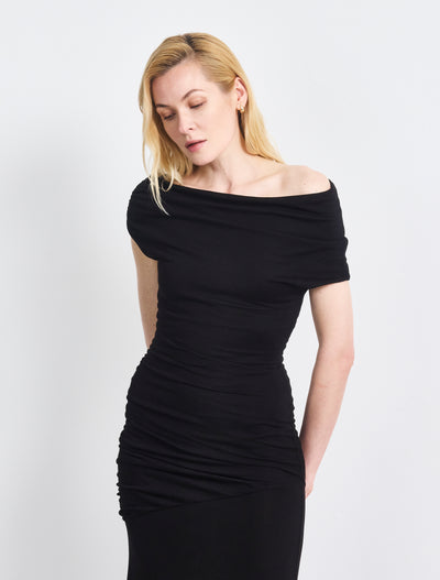 Lulu Asym Sleeve Tee Column Dress With Asym Ruchng In Black