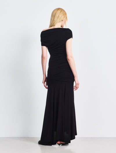 Lulu Asym Sleeve Tee Column Dress With Asym Ruchng In Black