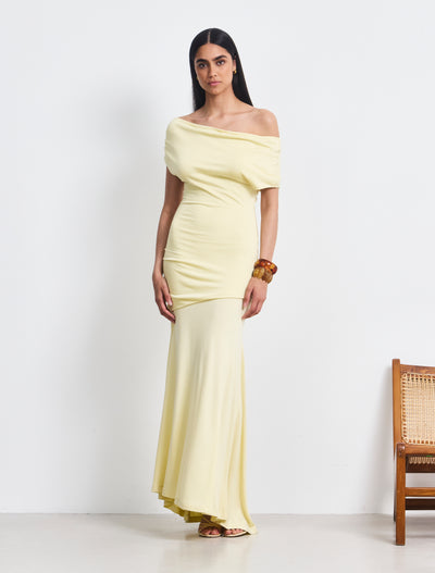 Lulu Asym Sleeve Tee Column Dress With Asym Ruchng In Lemon
