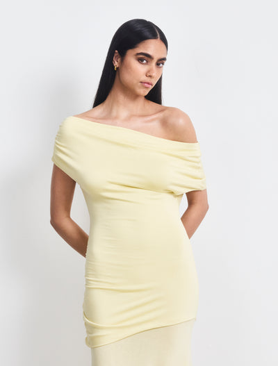 Lulu Asym Sleeve Tee Column Dress With Asym Ruchng In Lemon