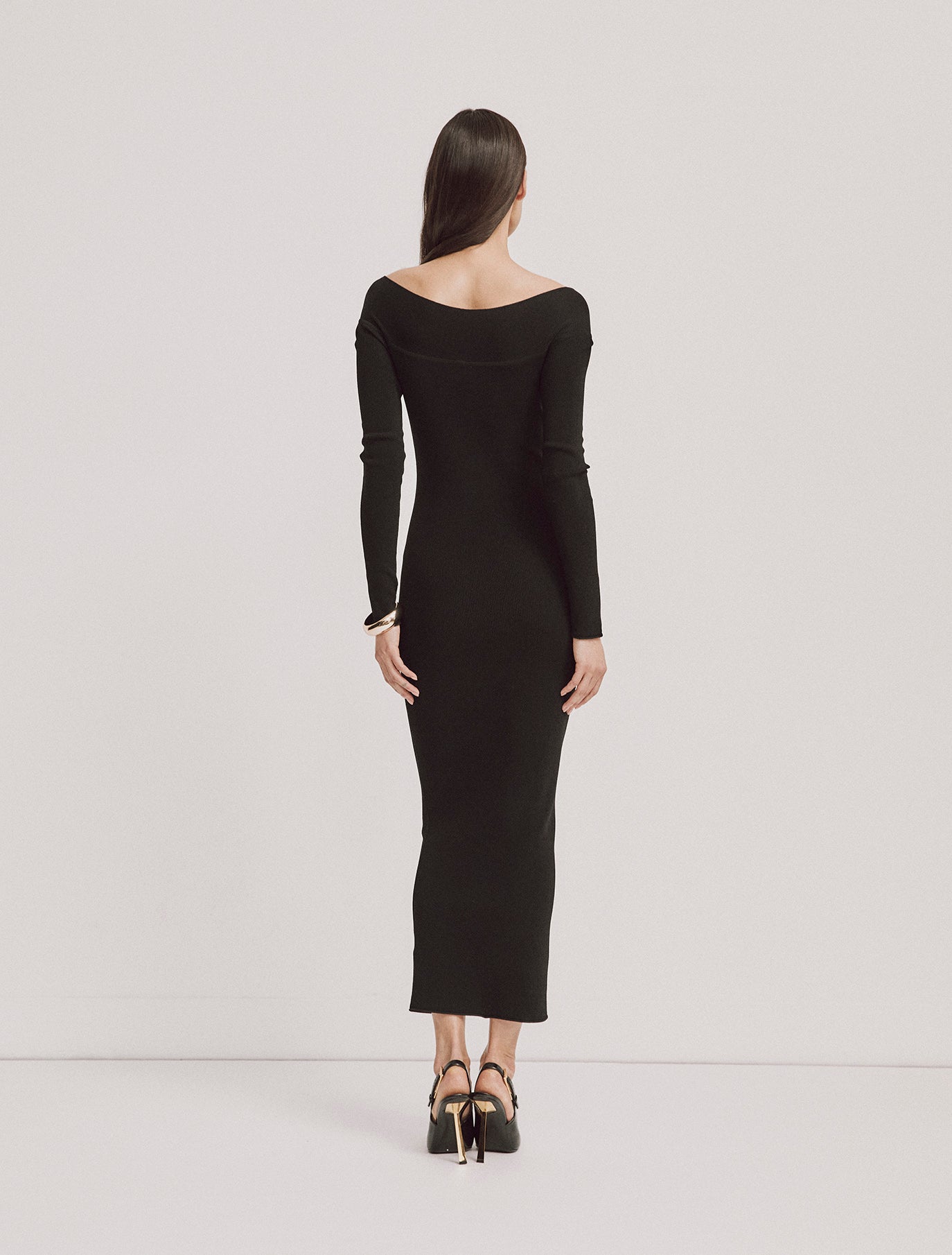 Back view of Agia Dress in Black, long sleeve knitwear