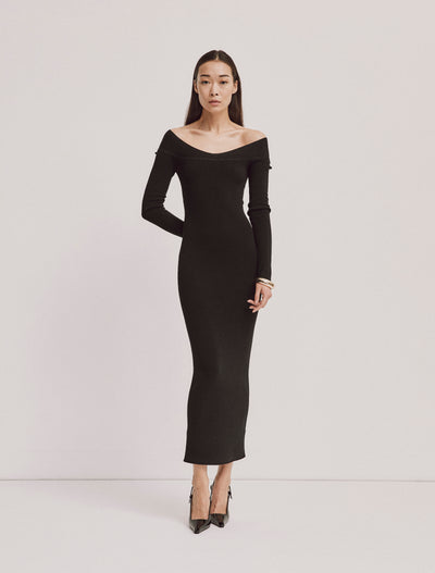 Agia Dress in Black, front view, elegant knitwear