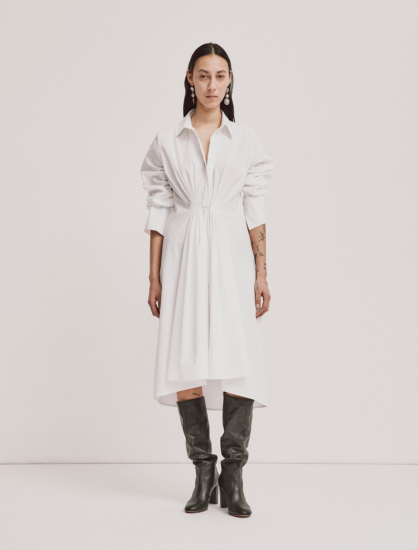 Ophelia Shirtdress in white styled with black boots