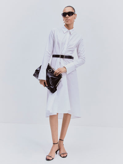 White Ophelia Shirtdress styled with black belt and clutch